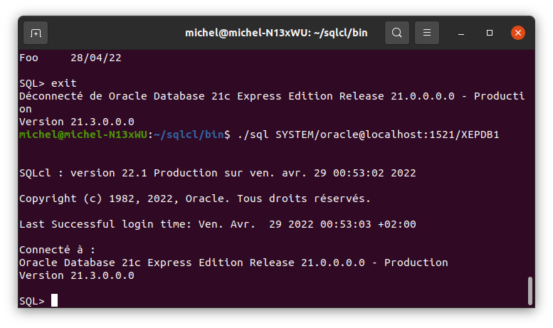 L’utilisateur SYSTEM tente sa première connexion sous Oracle avec SQLcl