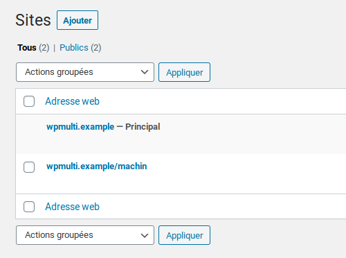 Portion de la page listant les sites, avec le bouton ajouter en haut.
